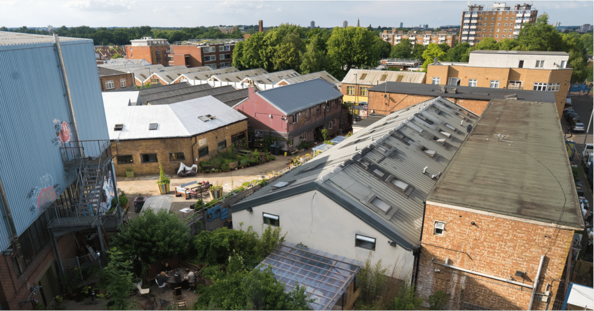 arial perspective of Harringay warehouse district showing the roof tops of converted warehouses for living